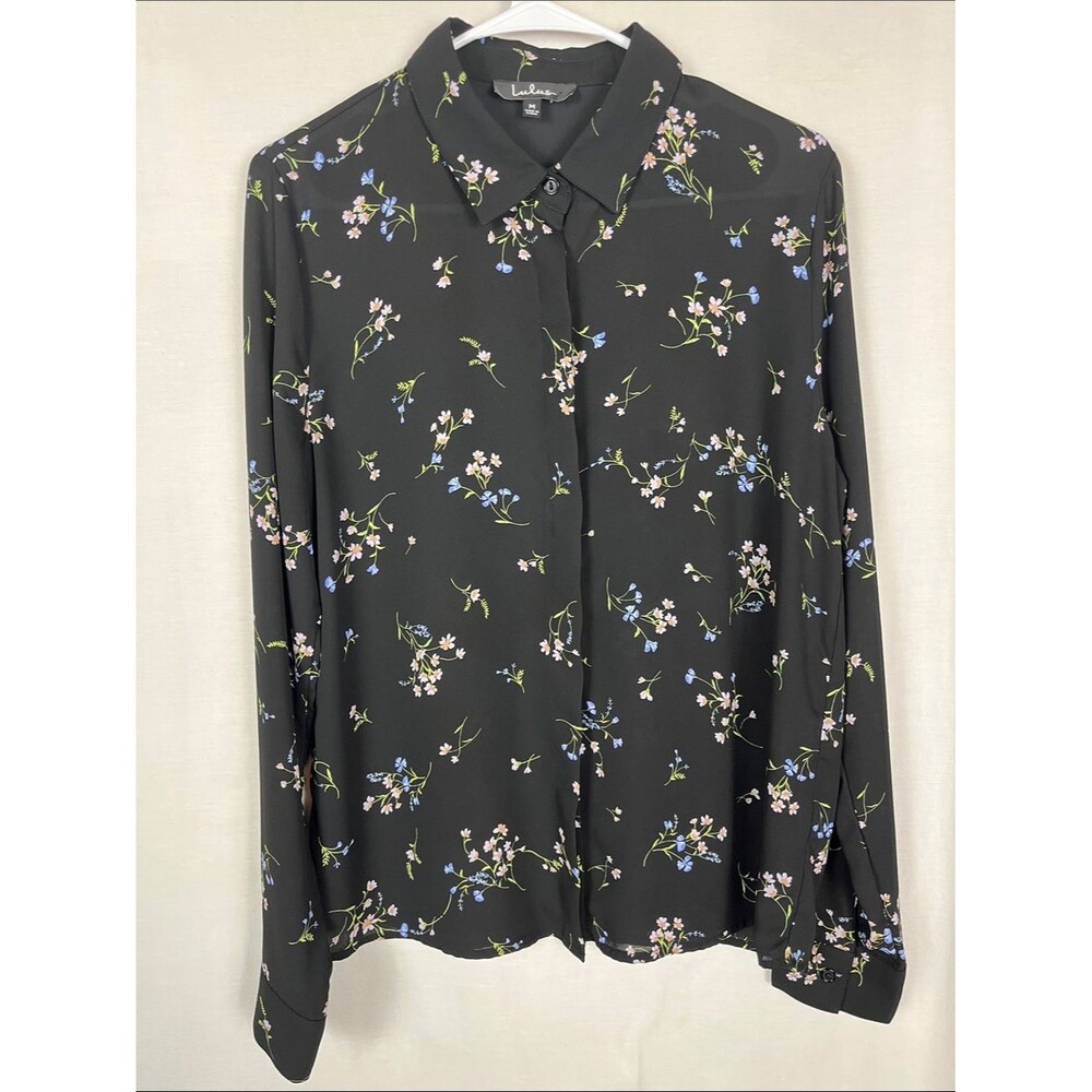 Lulus Black Floral Sheer Button Up Blouse Top